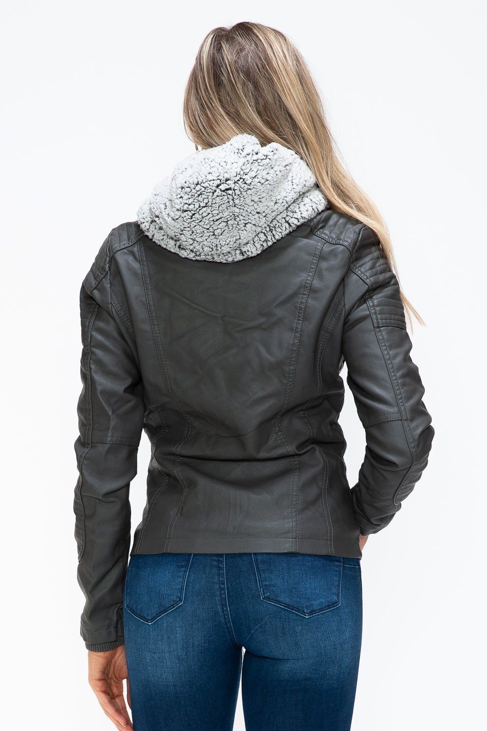 YMI - Multi - Pocket Vegan Leather Jacket in Charcoal