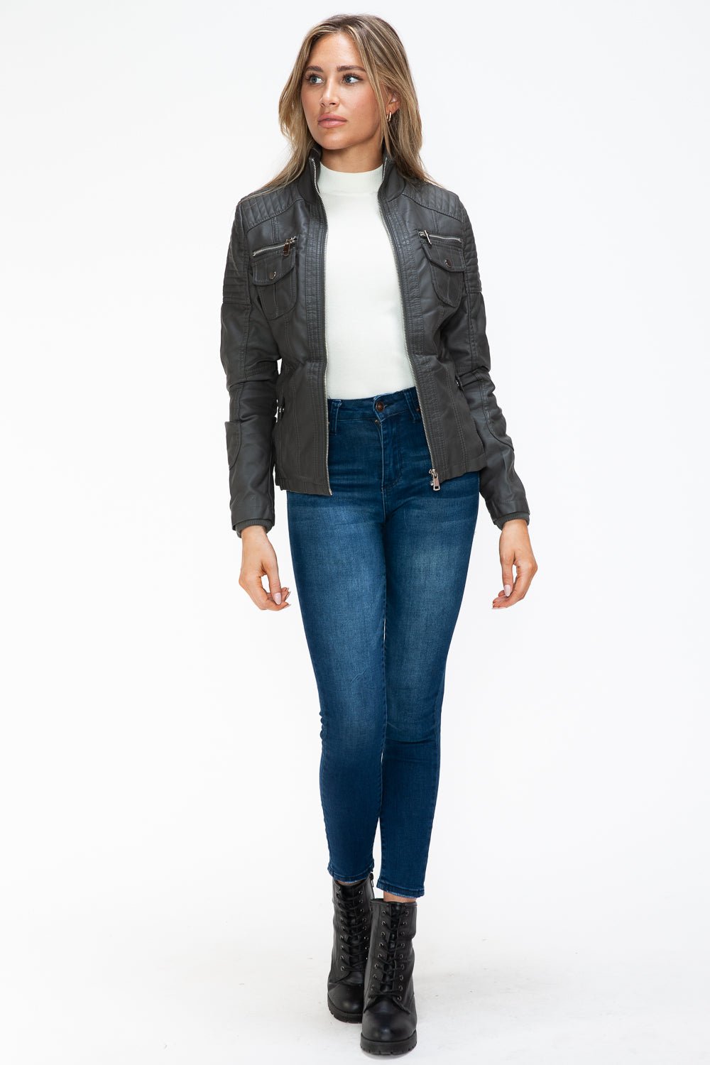 YMI - Multi - Pocket Vegan Leather Jacket in Charcoal