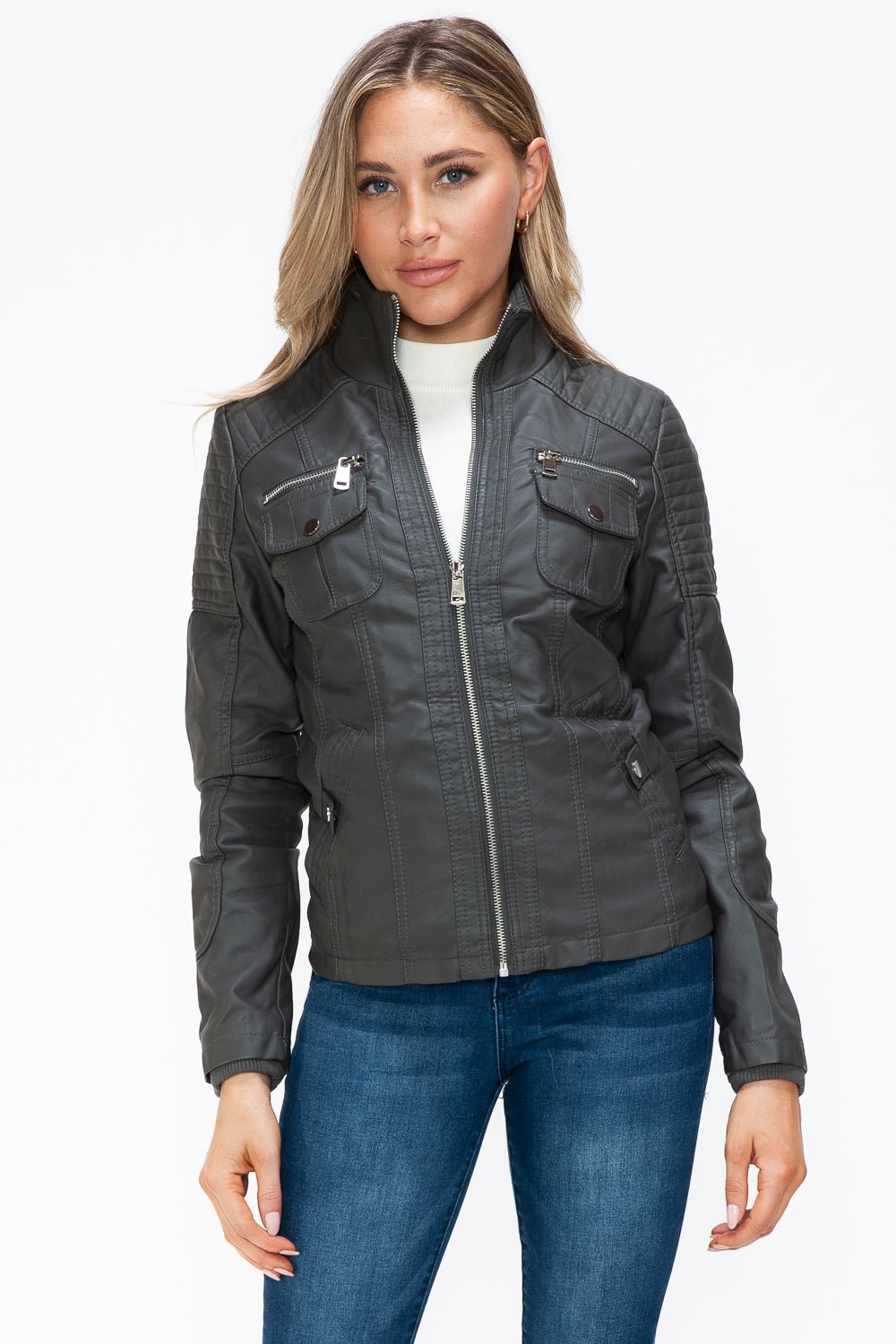 YMI - Multi - Pocket Vegan Leather Jacket in Charcoal