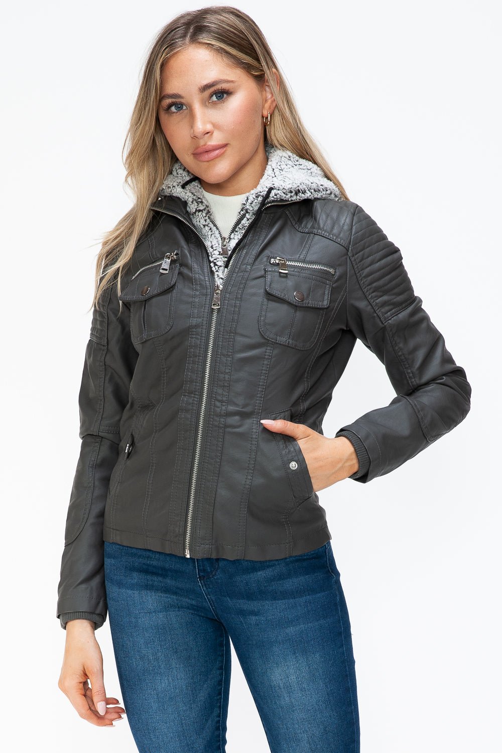 YMI - Multi - Pocket Vegan Leather Jacket in Charcoal