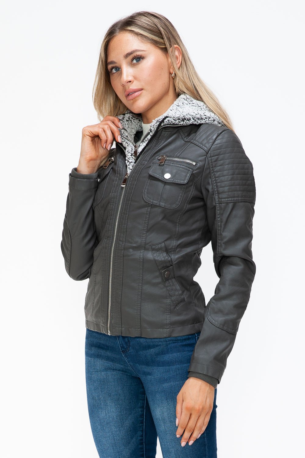 YMI - Multi - Pocket Vegan Leather Jacket in Charcoal