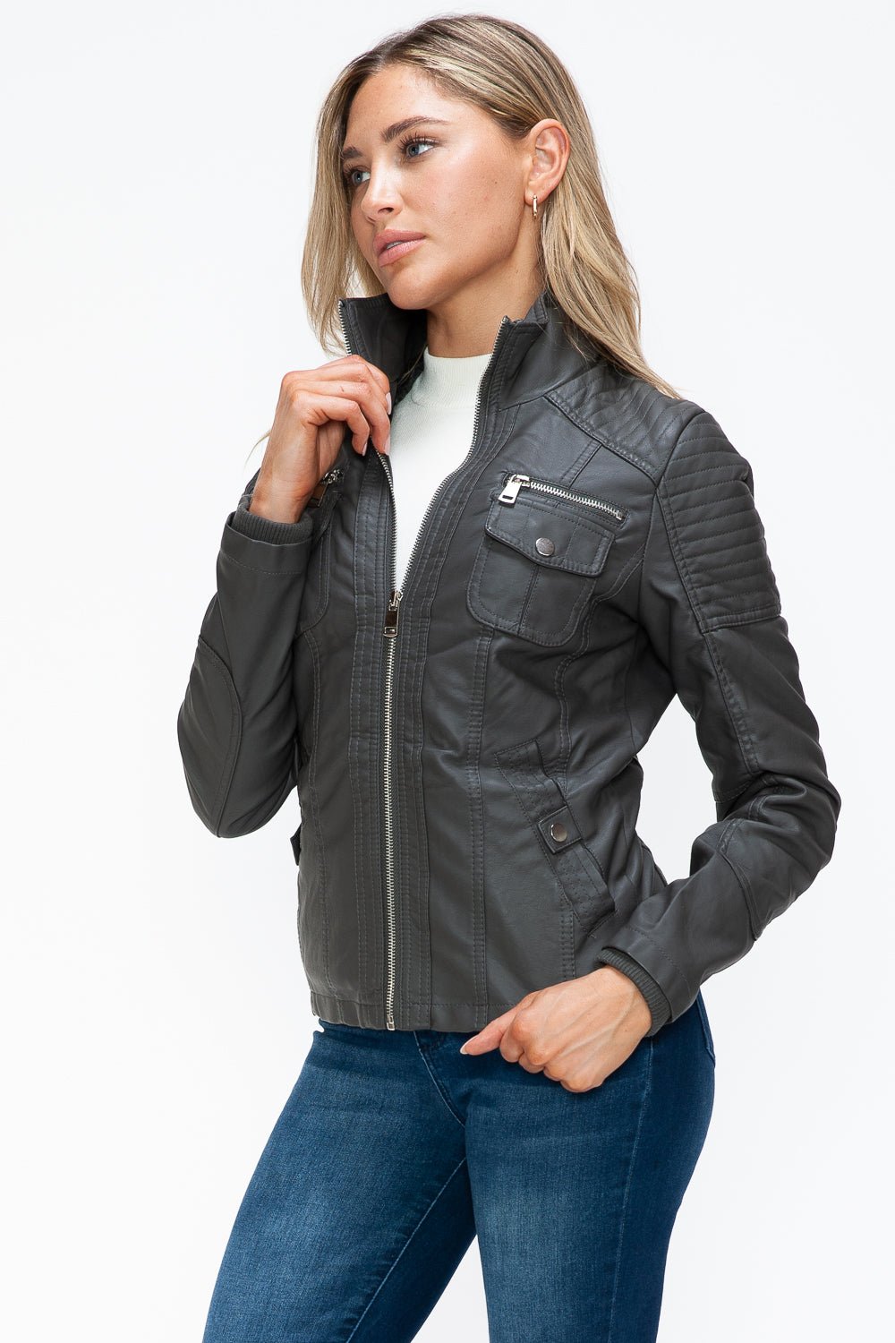 YMI - Multi - Pocket Vegan Leather Jacket in Charcoal