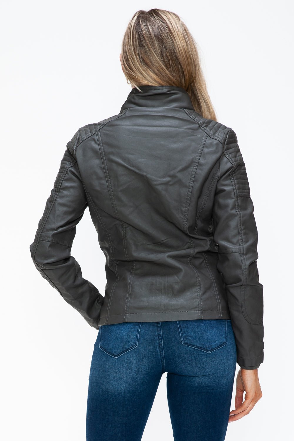 YMI - Multi - Pocket Vegan Leather Jacket in Charcoal