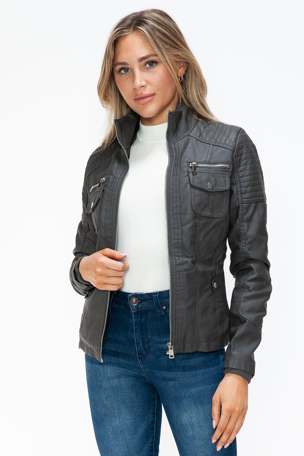 YMI - Multi - Pocket Vegan Leather Jacket in Charcoal