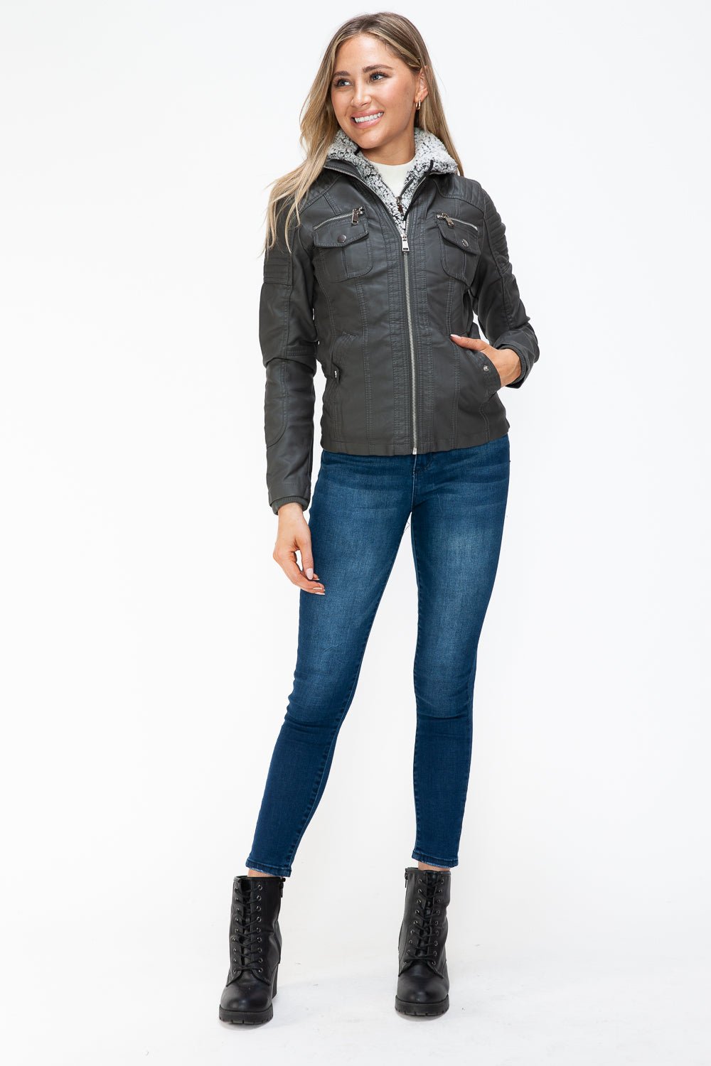 YMI - Multi - Pocket Vegan Leather Jacket in Charcoal