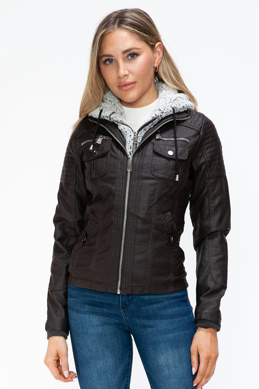 YMI - Multi - Pocket Vegan Leather Jacket in Chocolate