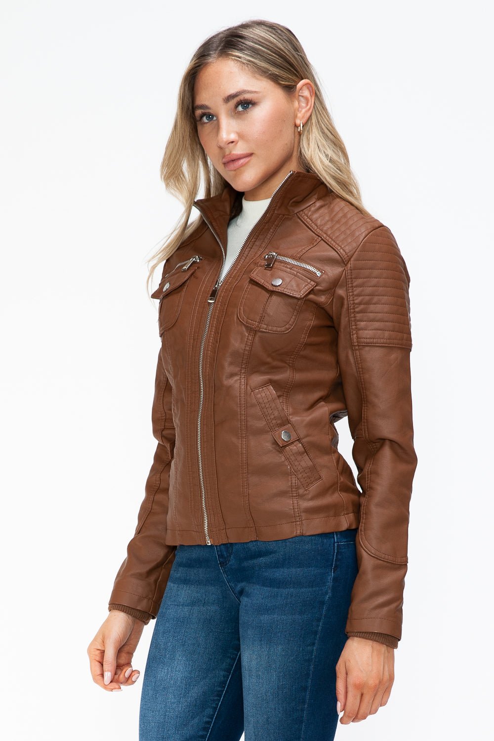 YMI - Multi - Pocket Vegan Leather Jacket in Rust