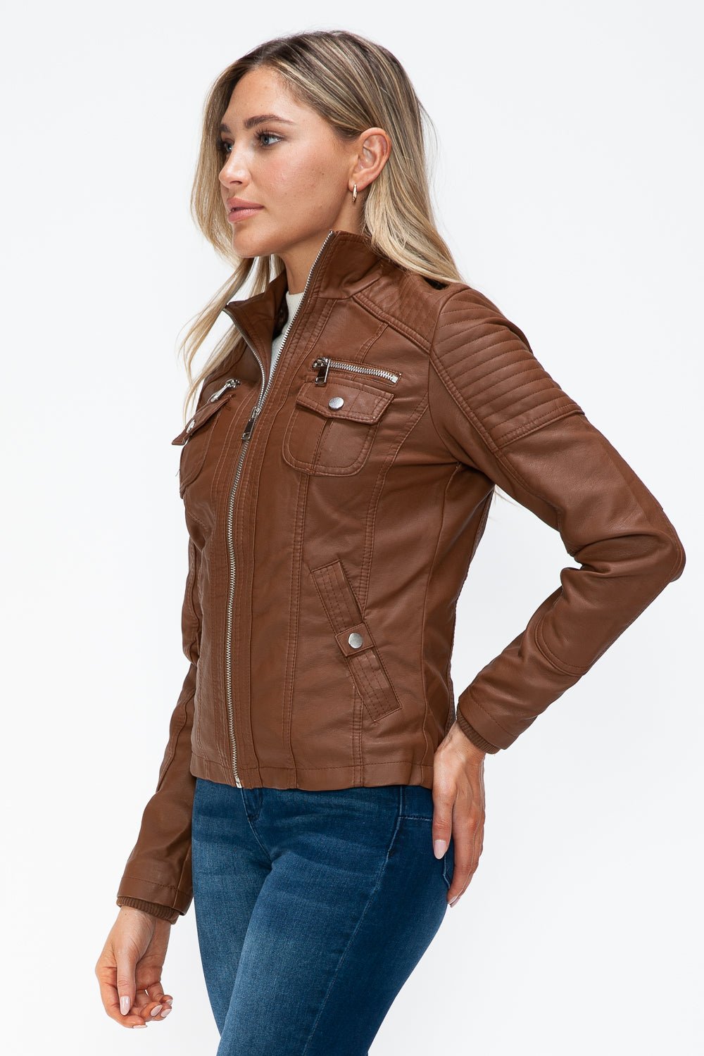 YMI - Multi - Pocket Vegan Leather Jacket in Rust