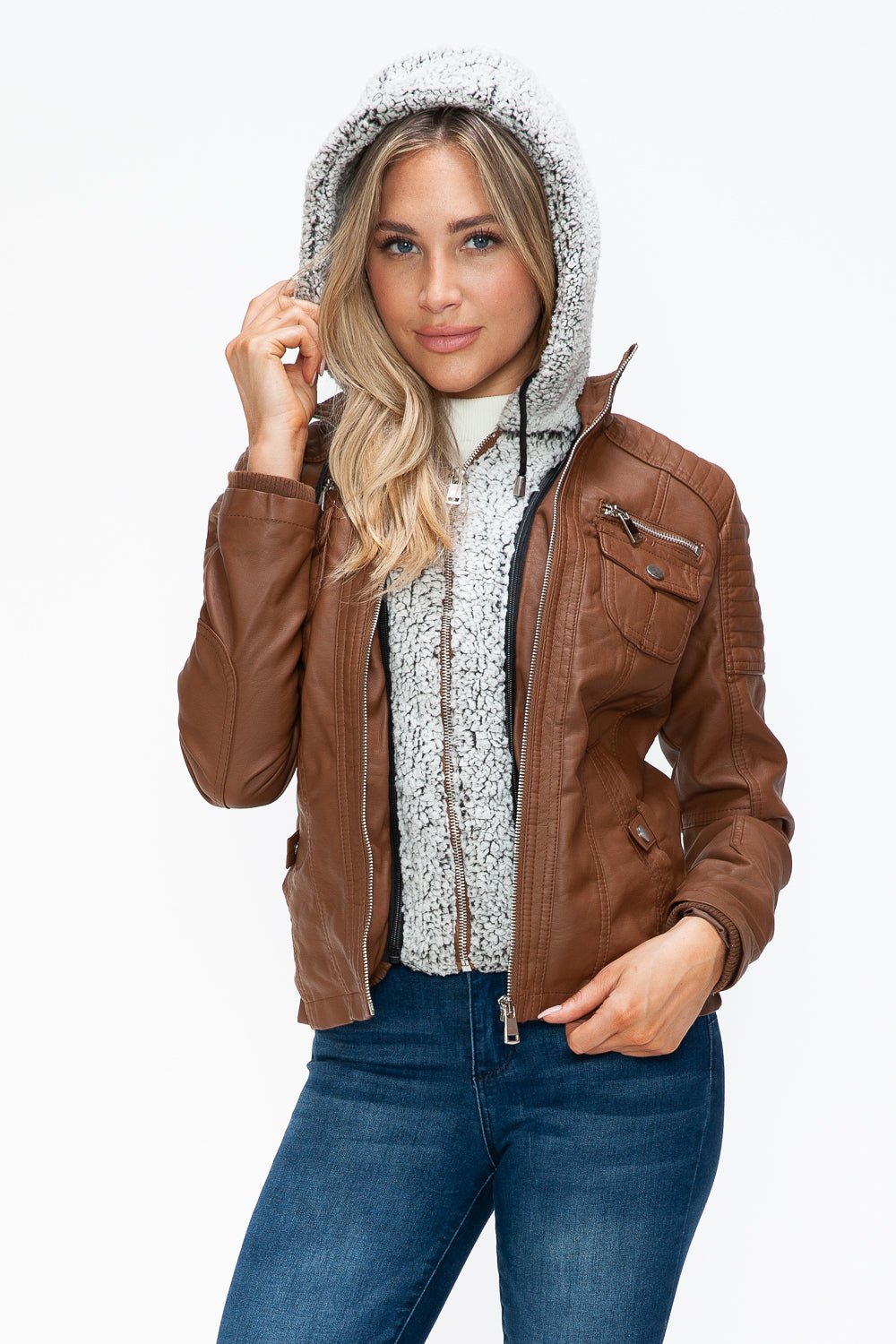 YMI - Multi - Pocket Vegan Leather Jacket in Rust