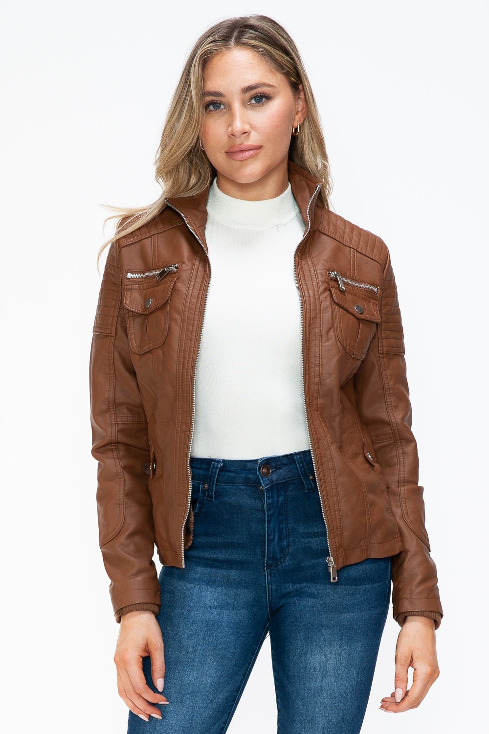 YMI - Multi - Pocket Vegan Leather Jacket in Rust