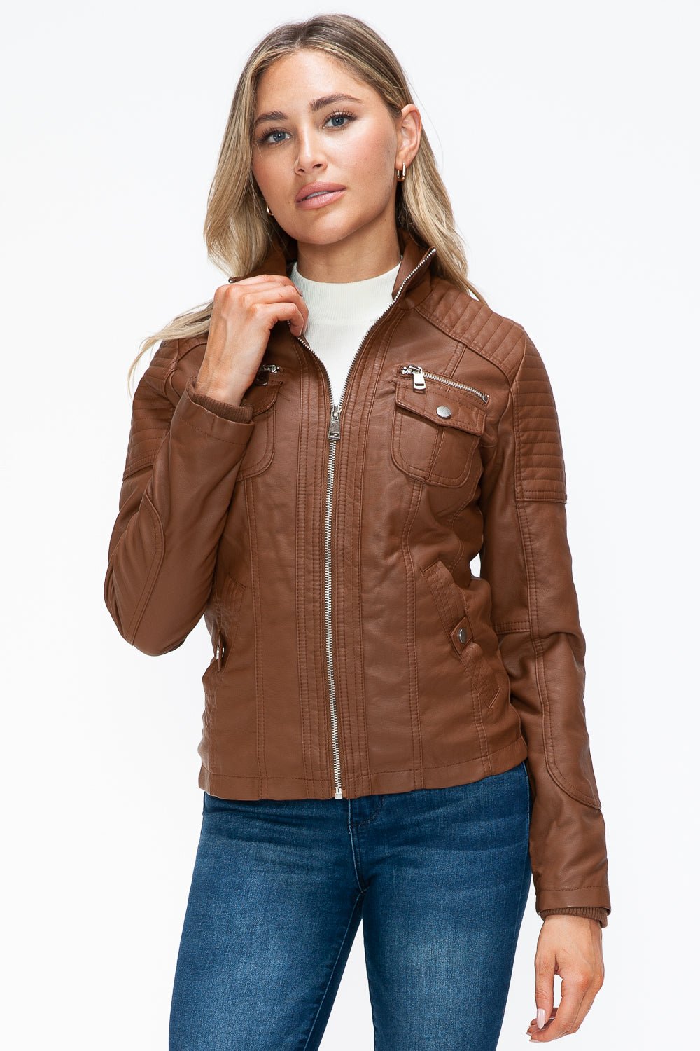 YMI - Multi - Pocket Vegan Leather Jacket in Rust