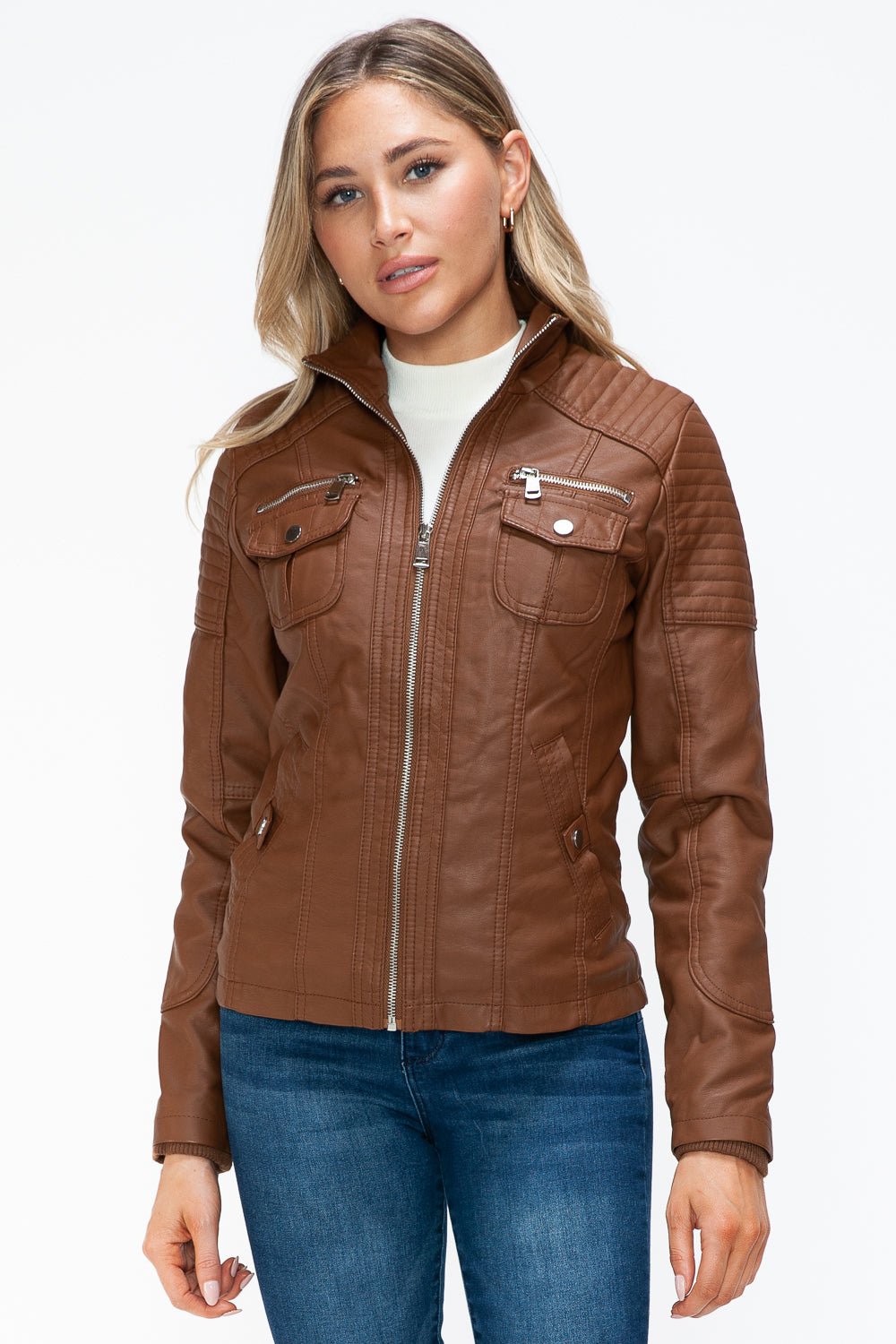 YMI - Multi - Pocket Vegan Leather Jacket in Rust