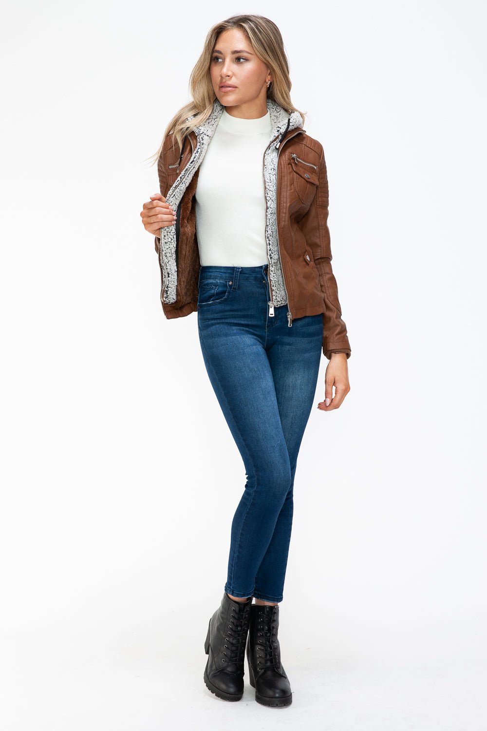 YMI - Multi - Pocket Vegan Leather Jacket in Rust