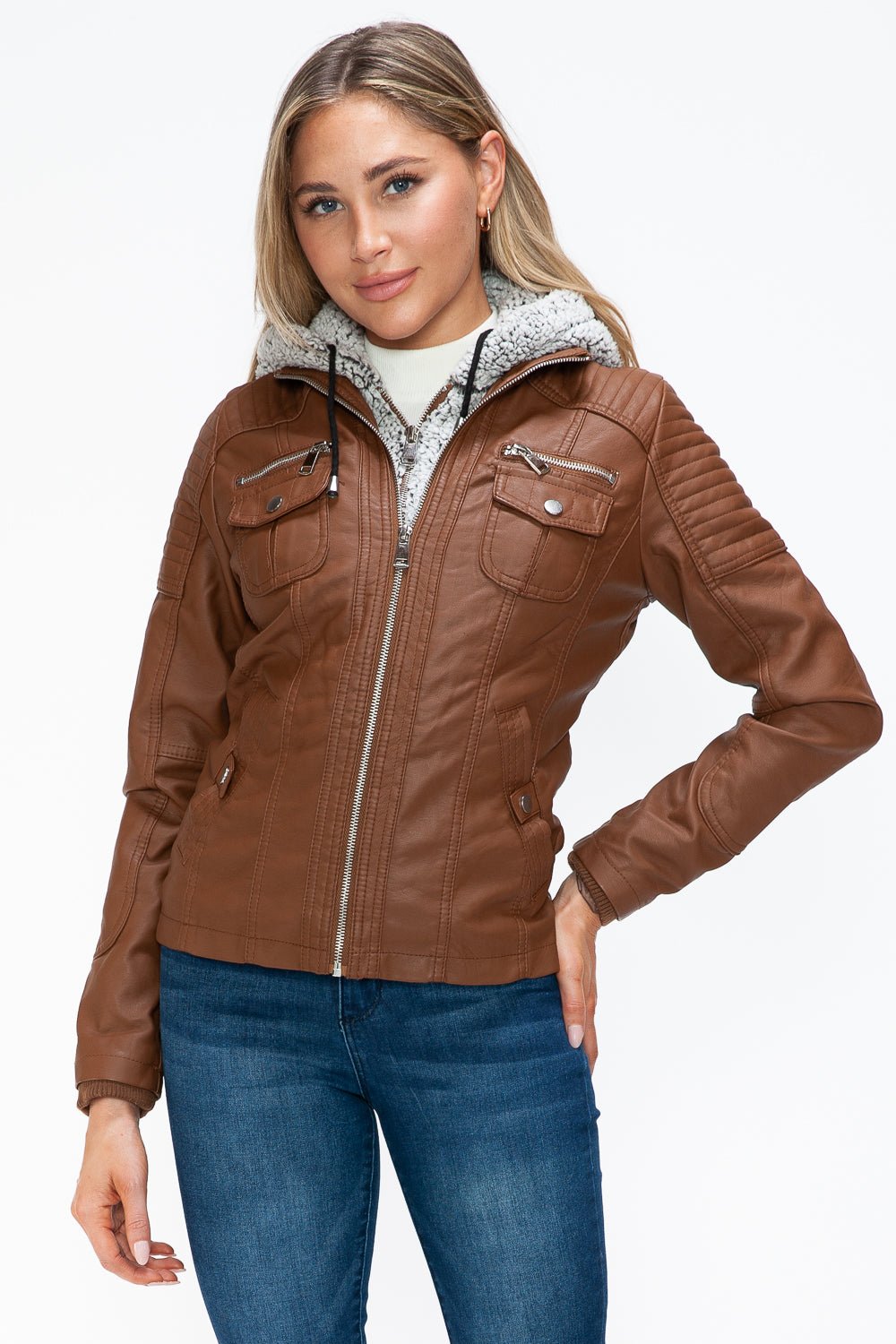 YMI - Multi - Pocket Vegan Leather Jacket in Rust