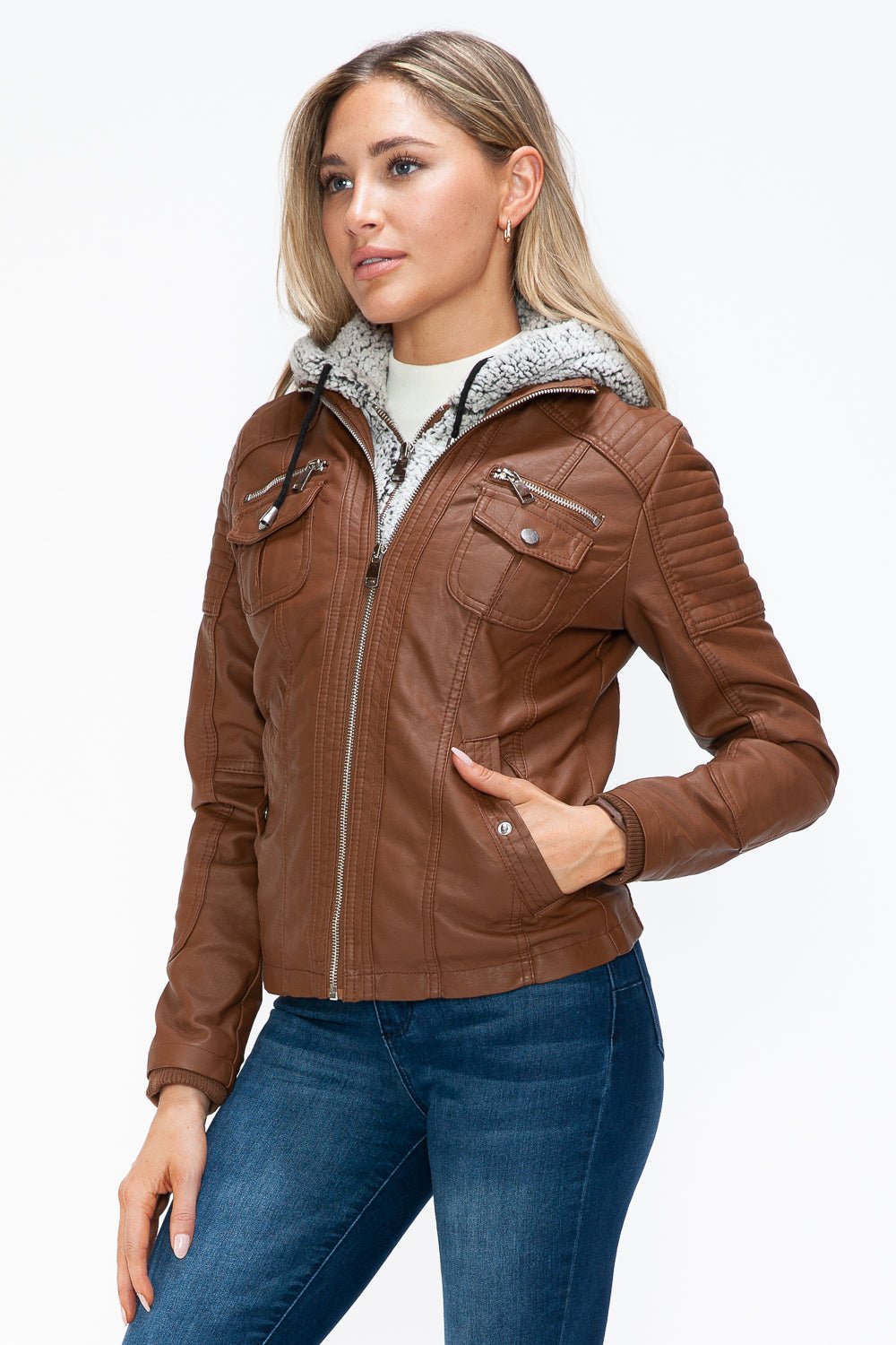 YMI - Multi - Pocket Vegan Leather Jacket in Rust