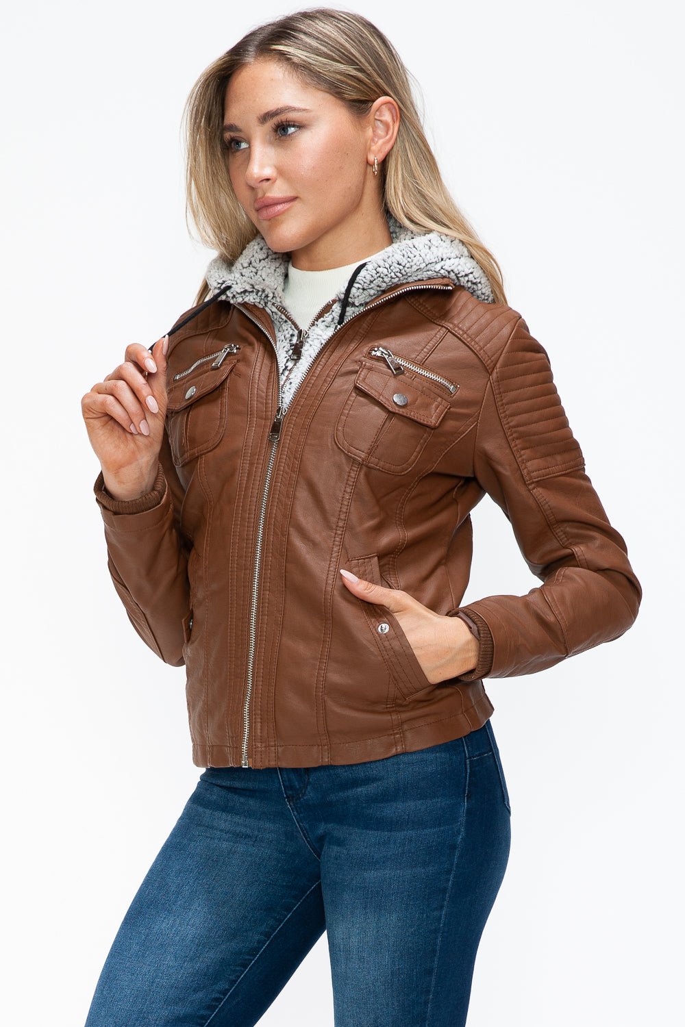 YMI - Multi - Pocket Vegan Leather Jacket in Rust