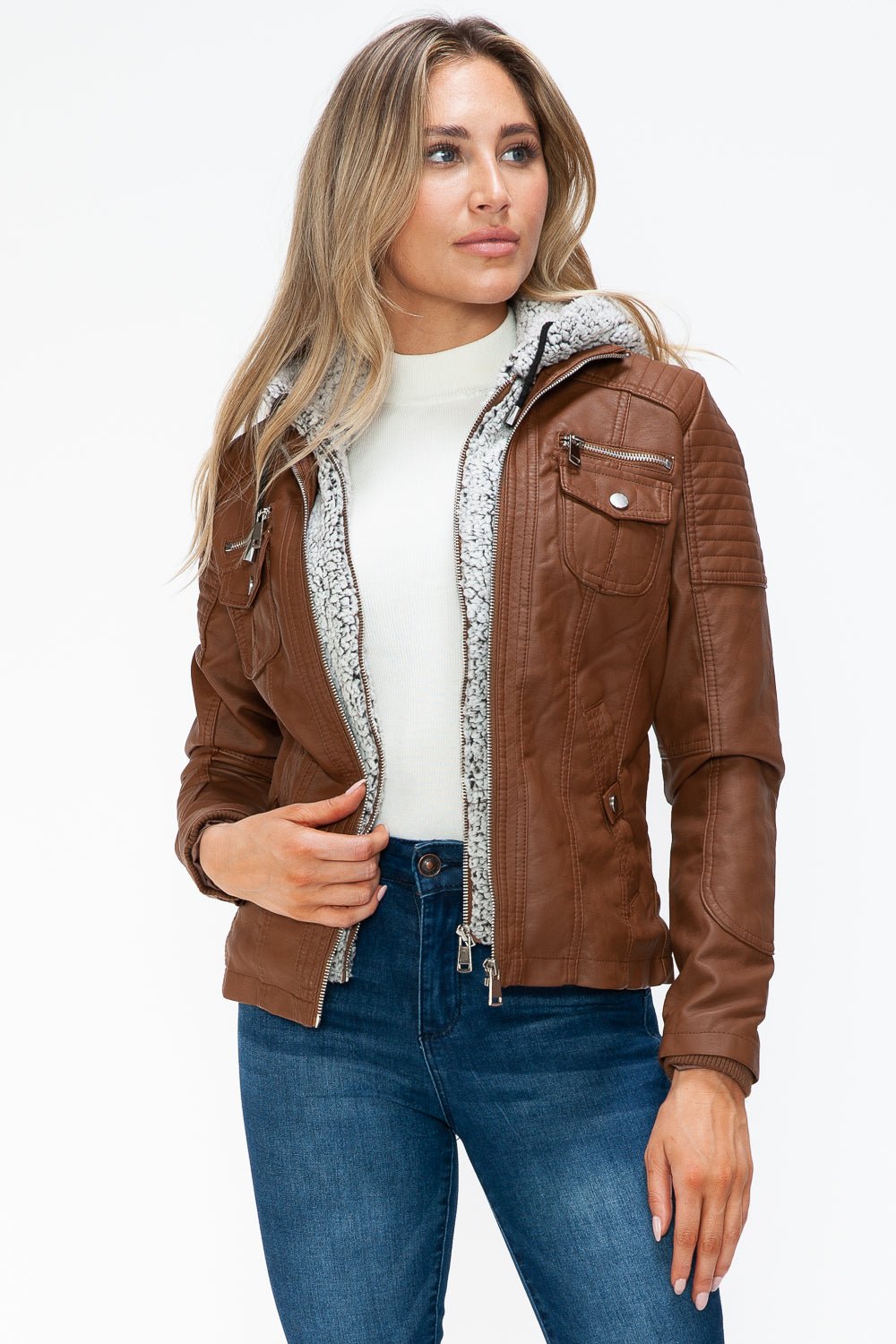 YMI - Multi - Pocket Vegan Leather Jacket in Rust