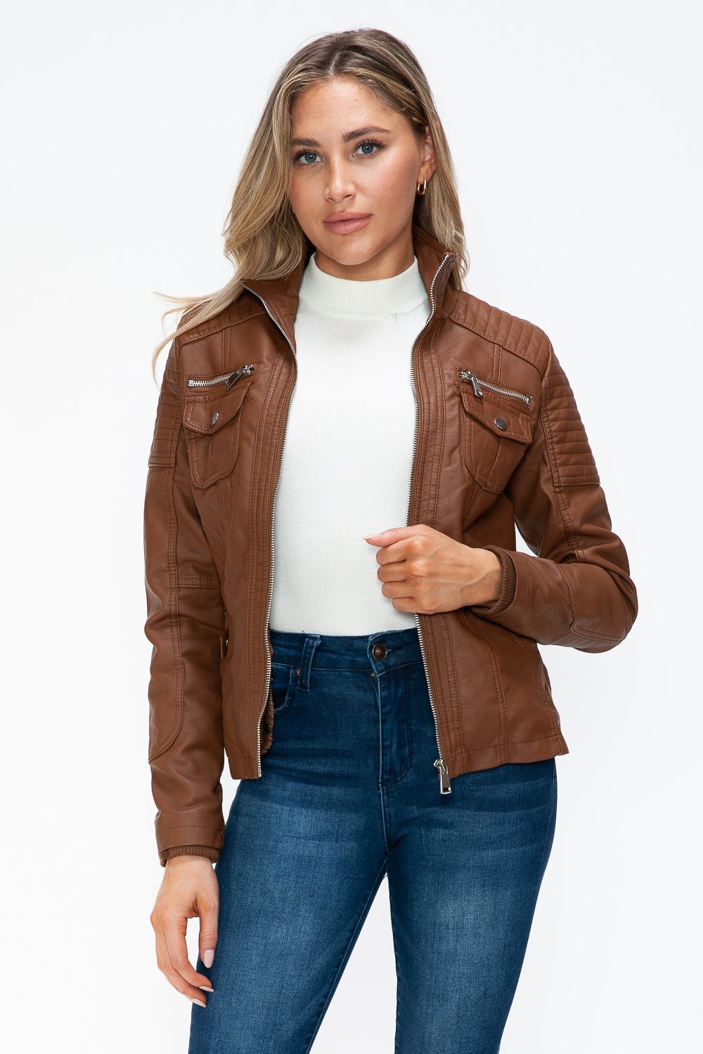 YMI - Multi - Pocket Vegan Leather Jacket in Rust