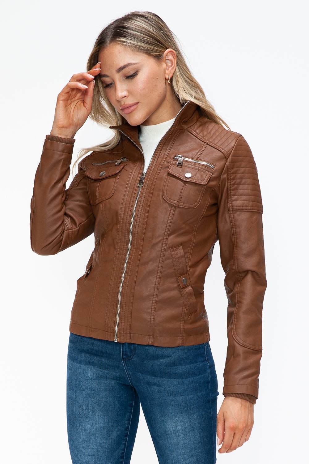 YMI - Multi - Pocket Vegan Leather Jacket in Rust