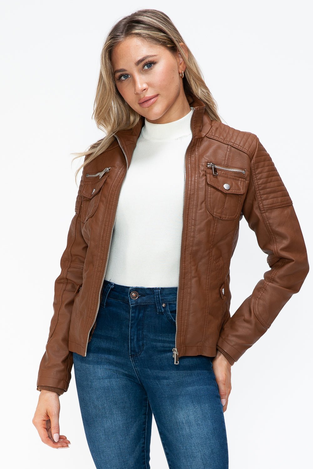 YMI - Multi - Pocket Vegan Leather Jacket in Rust