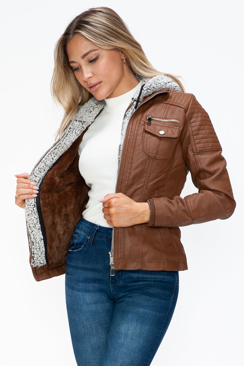 YMI - Multi - Pocket Vegan Leather Jacket in Rust