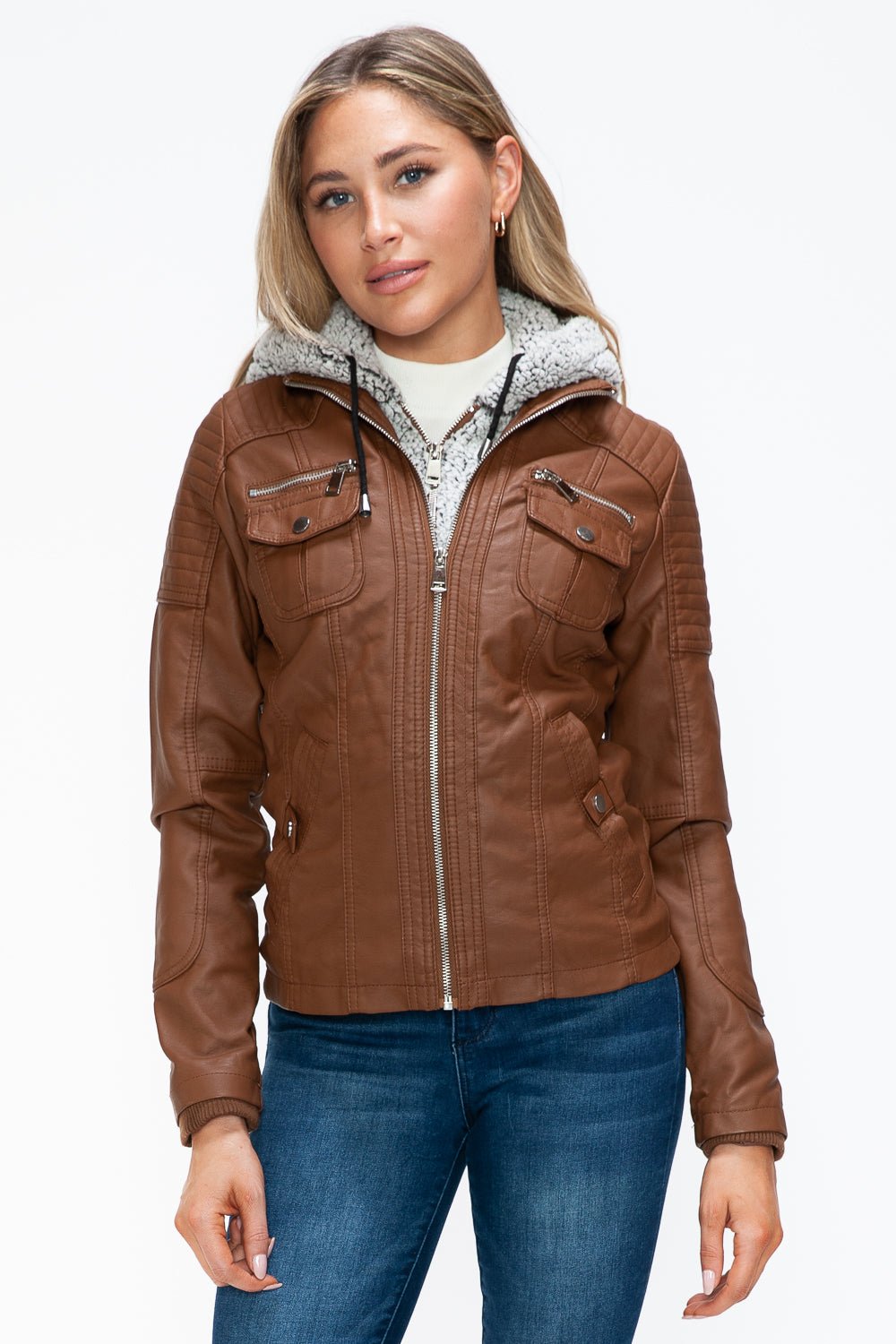 YMI - Multi - Pocket Vegan Leather Jacket in Rust