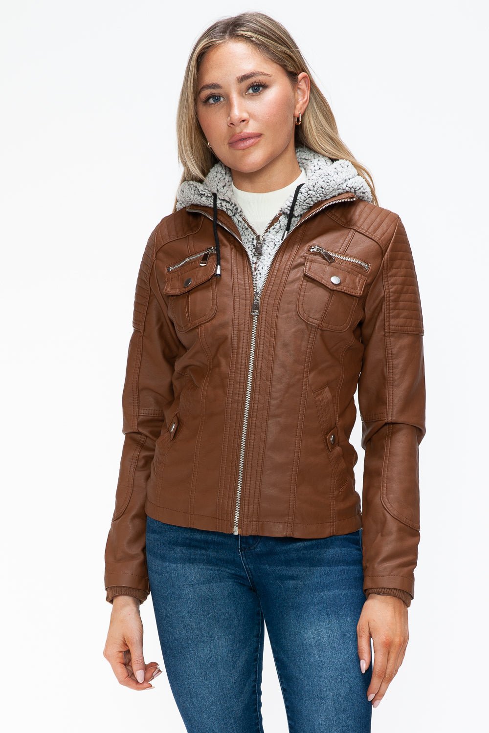 YMI - Multi - Pocket Vegan Leather Jacket in Rust