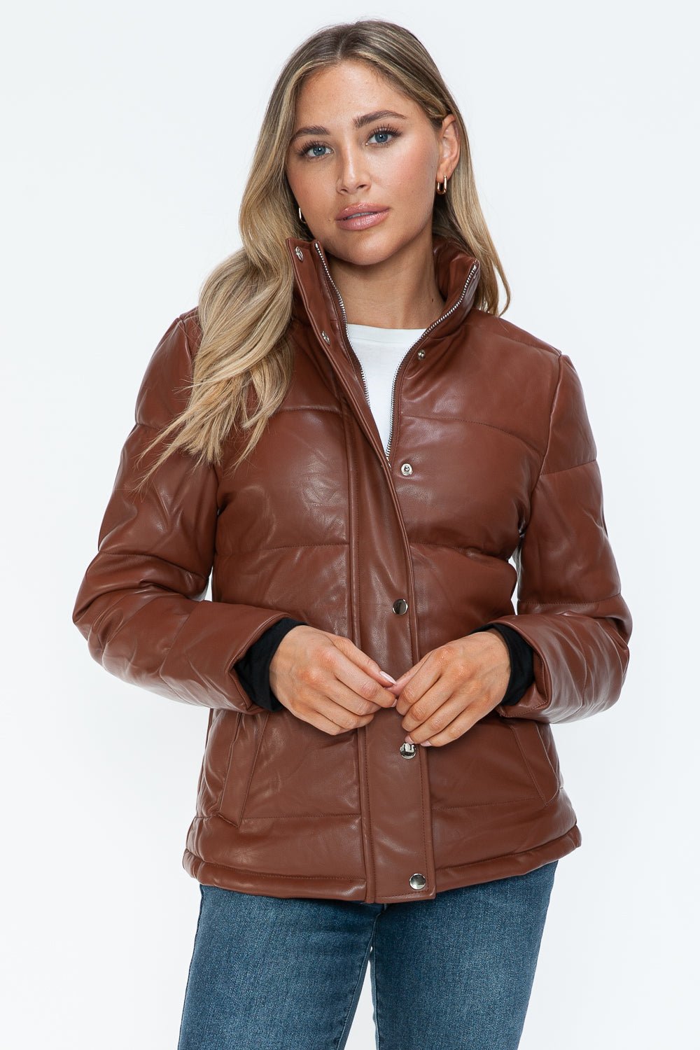 YMI - Vegan Leather High Collar Puffer Jacket in Brandy