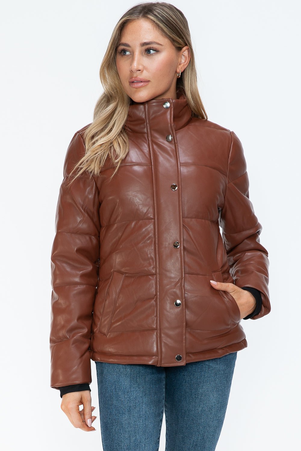 YMI - Vegan Leather High Collar Puffer Jacket in Brandy