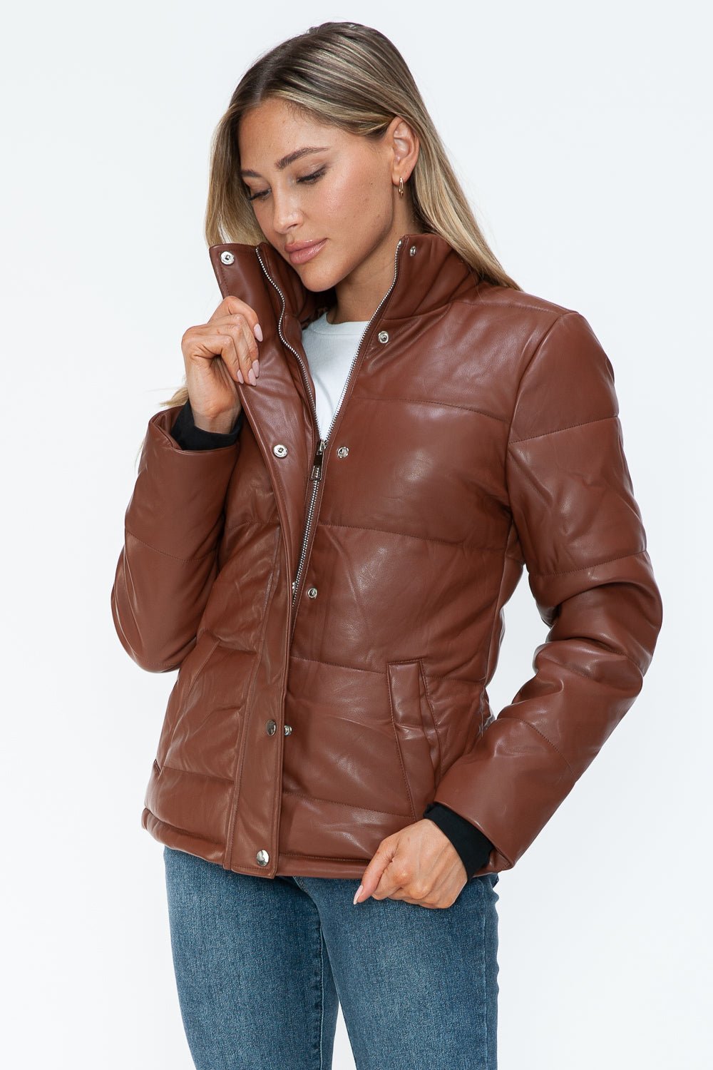 YMI - Vegan Leather High Collar Puffer Jacket in Brandy