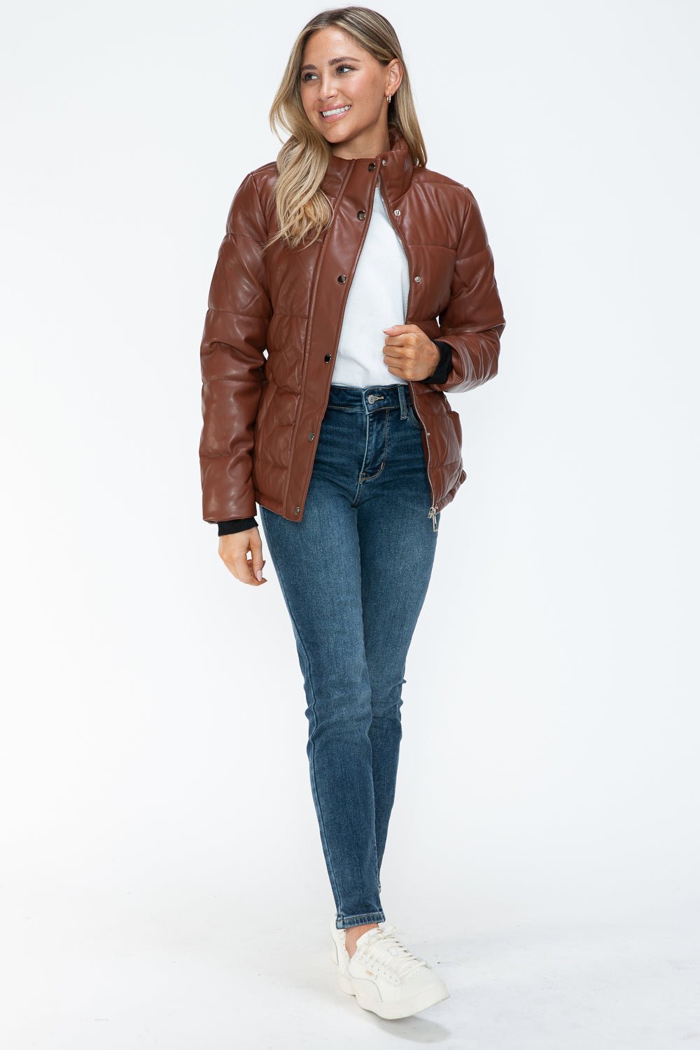 YMI - Vegan Leather High Collar Puffer Jacket in Brandy