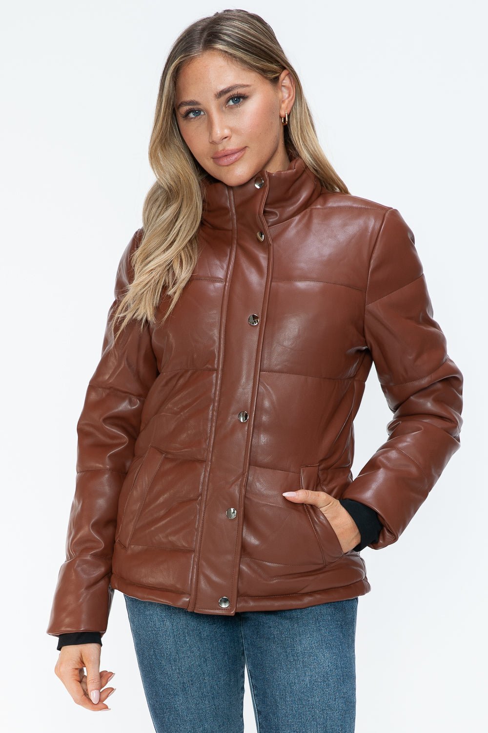 YMI - Vegan Leather High Collar Puffer Jacket in Brandy