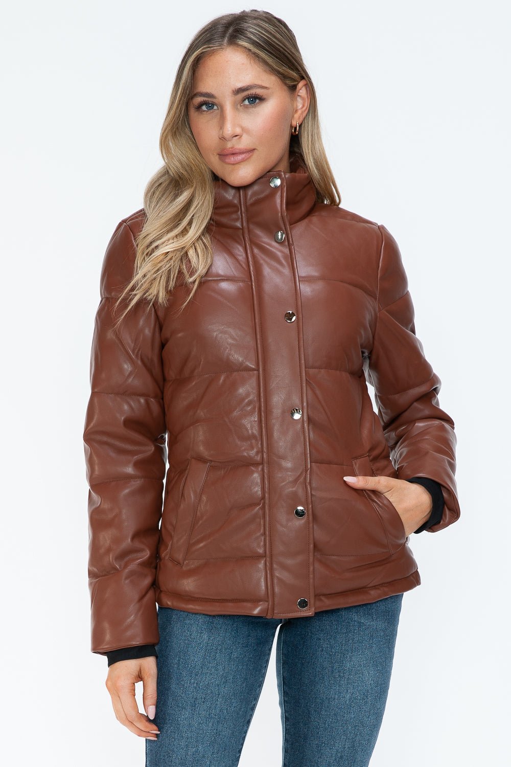 YMI - Vegan Leather High Collar Puffer Jacket in Brandy