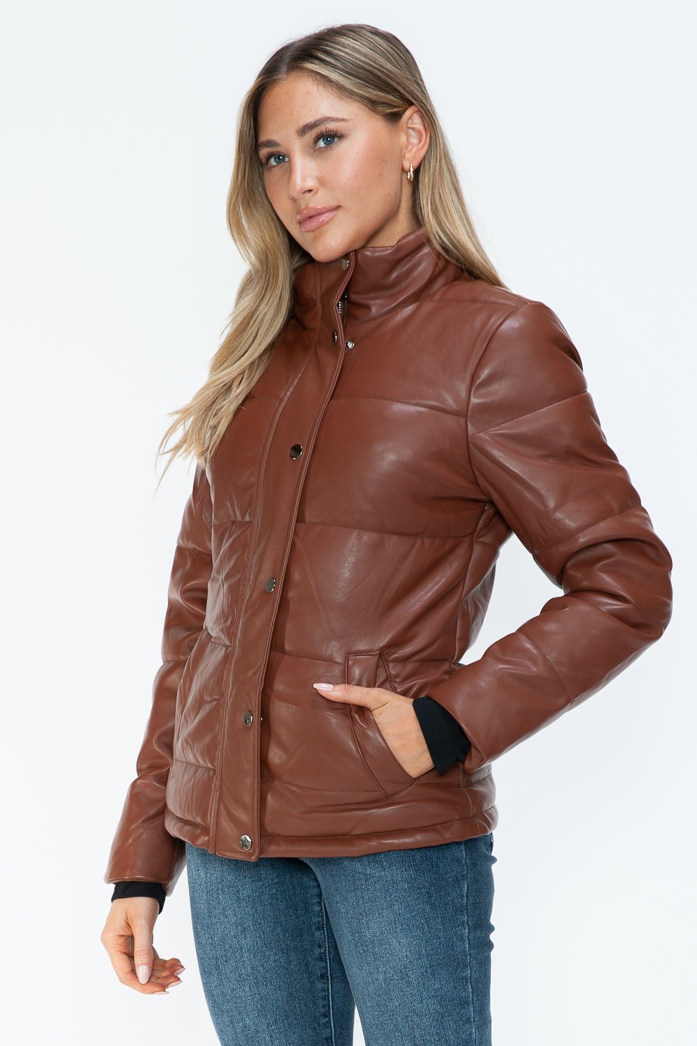 YMI - Vegan Leather High Collar Puffer Jacket in Brandy