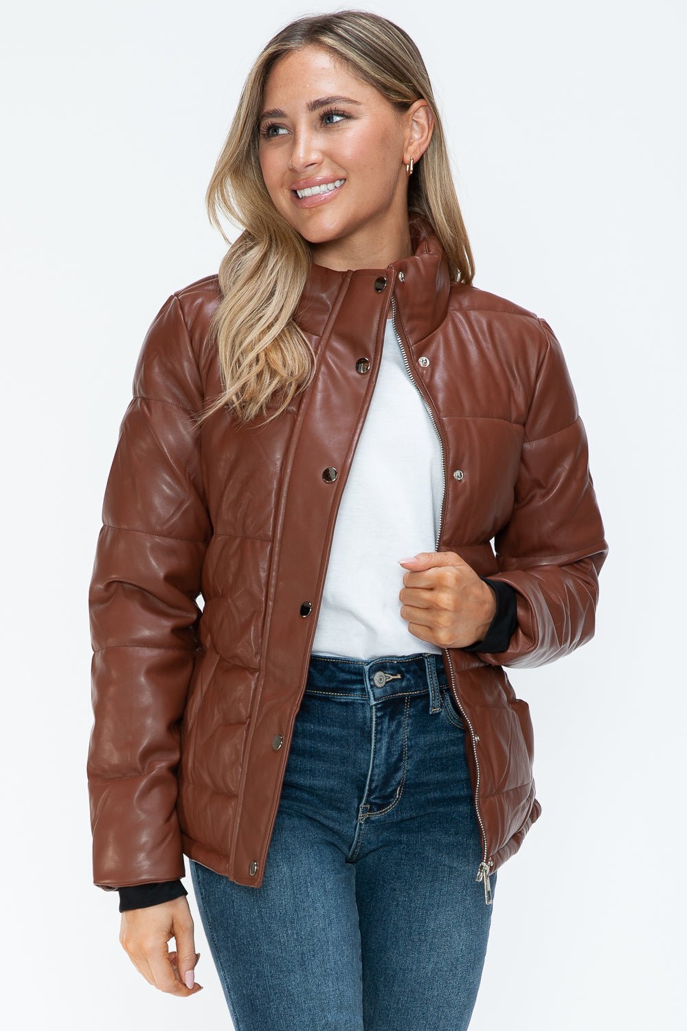 YMI - Vegan Leather High Collar Puffer Jacket in Brandy