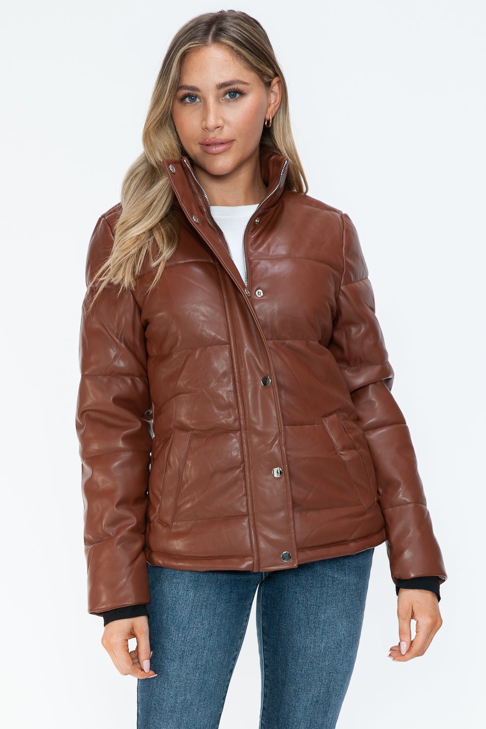 YMI - Vegan Leather High Collar Puffer Jacket in Brandy