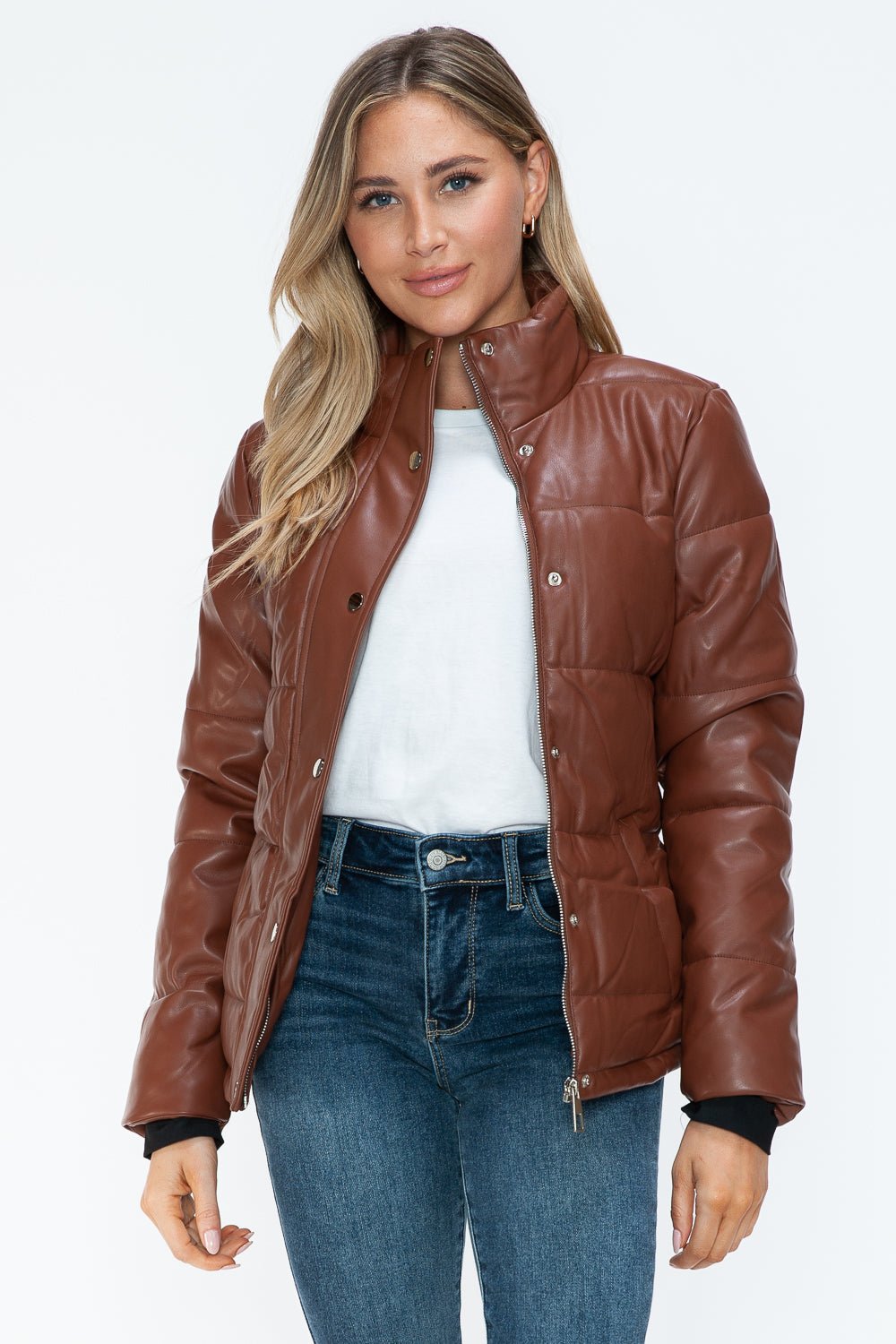 YMI - Vegan Leather High Collar Puffer Jacket in Brandy