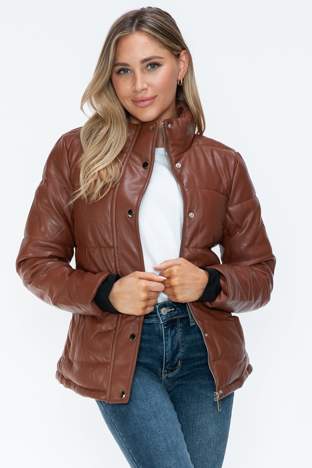 YMI - Vegan Leather High Collar Puffer Jacket in Brandy