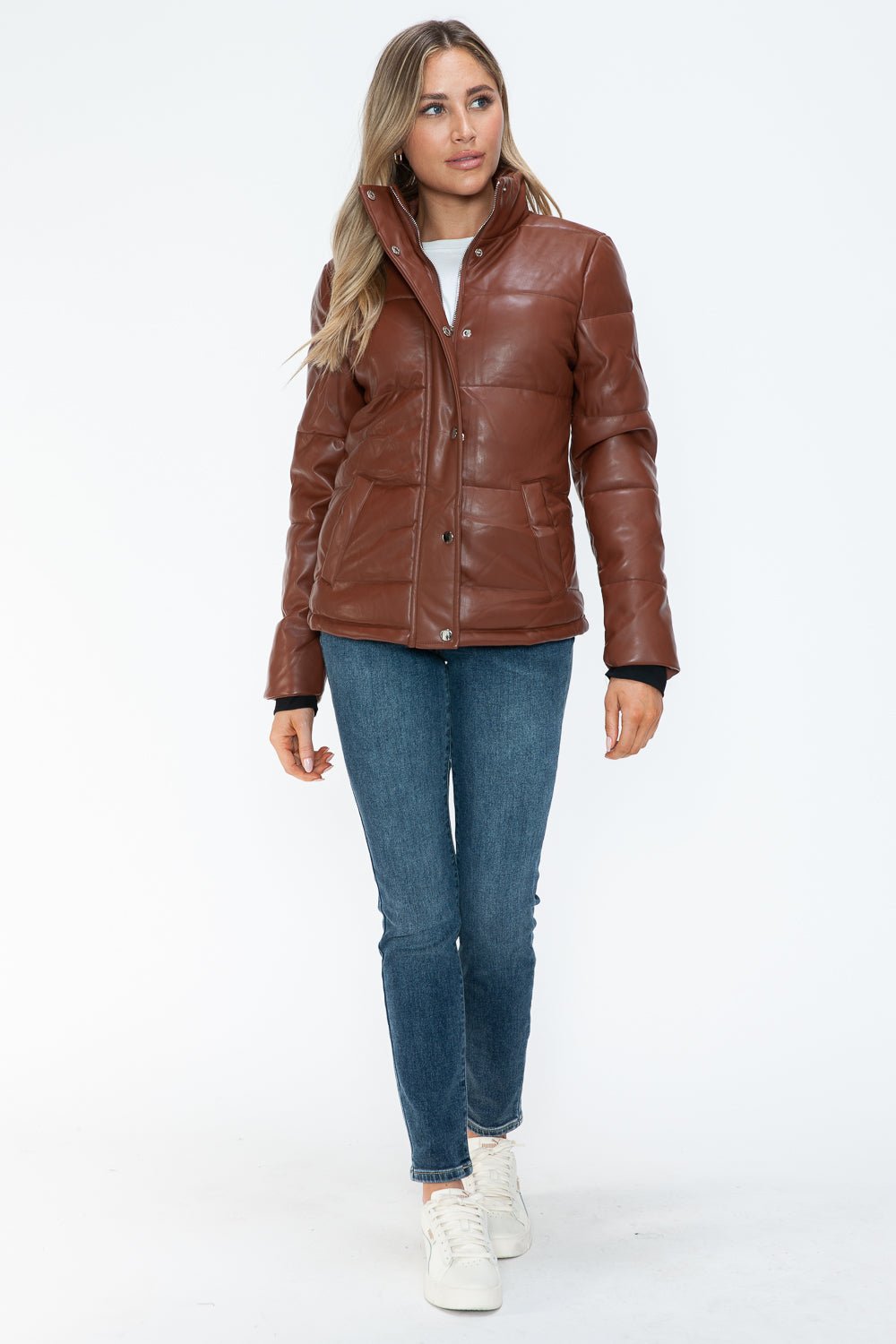 YMI - Vegan Leather High Collar Puffer Jacket in Brandy