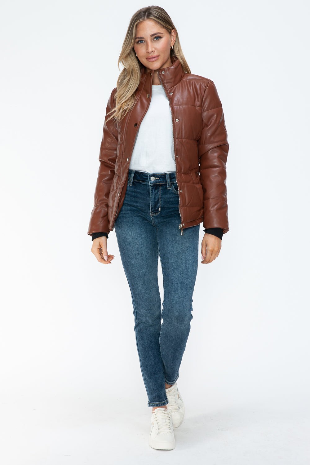 YMI - Vegan Leather High Collar Puffer Jacket in Brandy