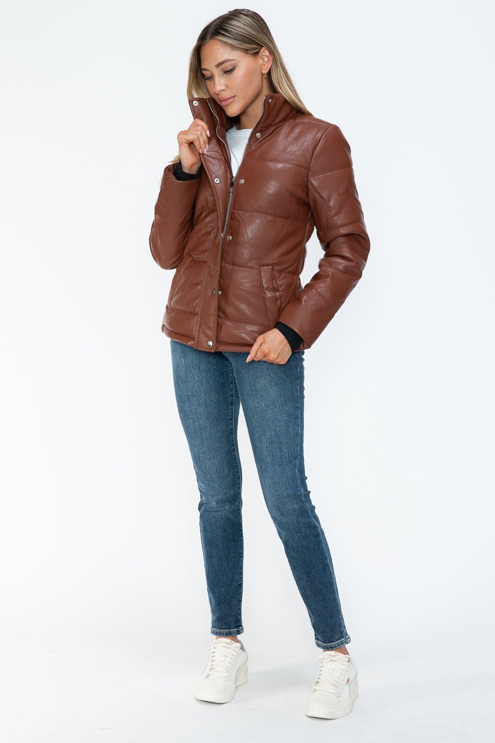 YMI - Vegan Leather High Collar Puffer Jacket in Brandy