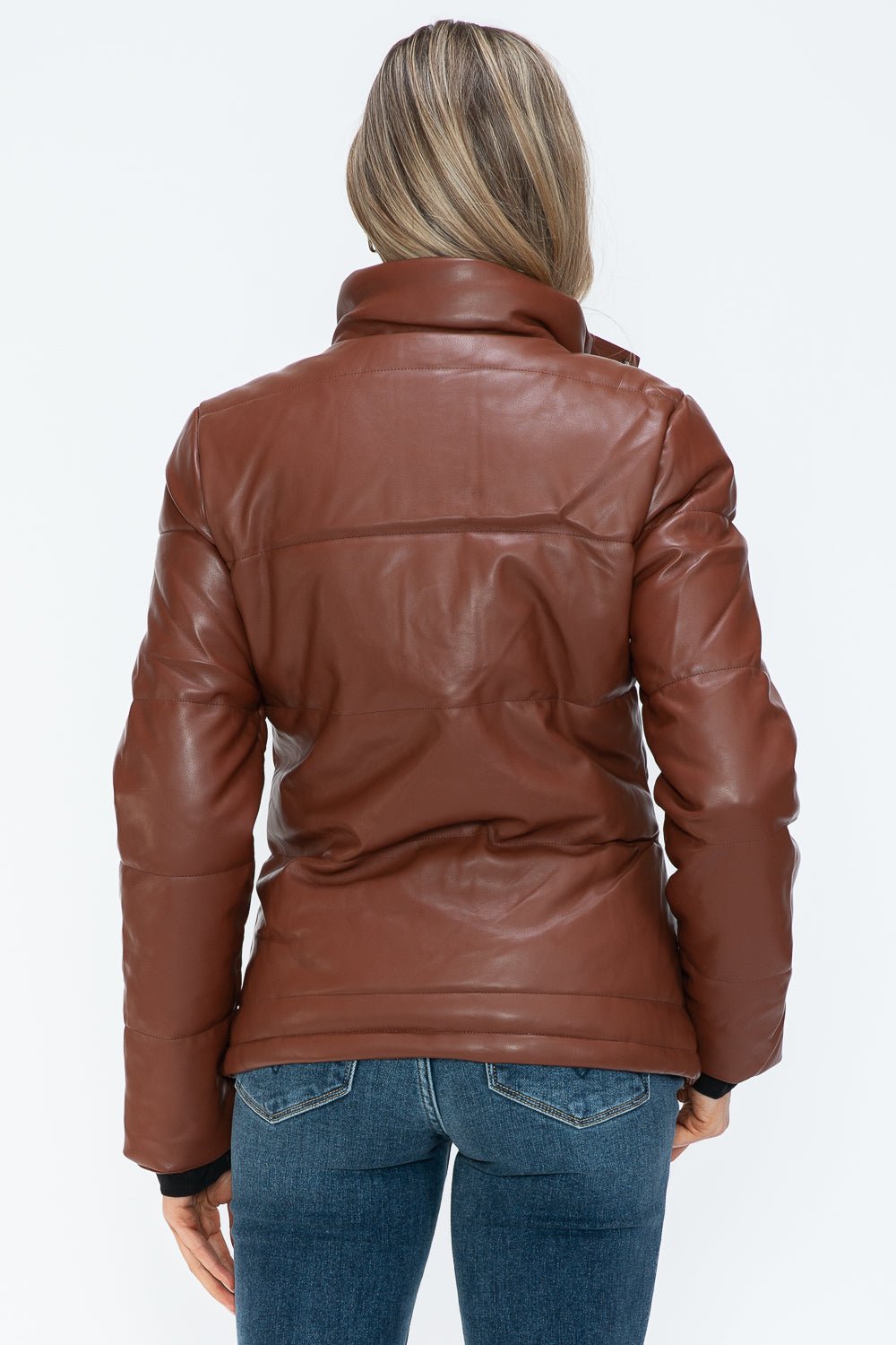 YMI - Vegan Leather High Collar Puffer Jacket in Brandy