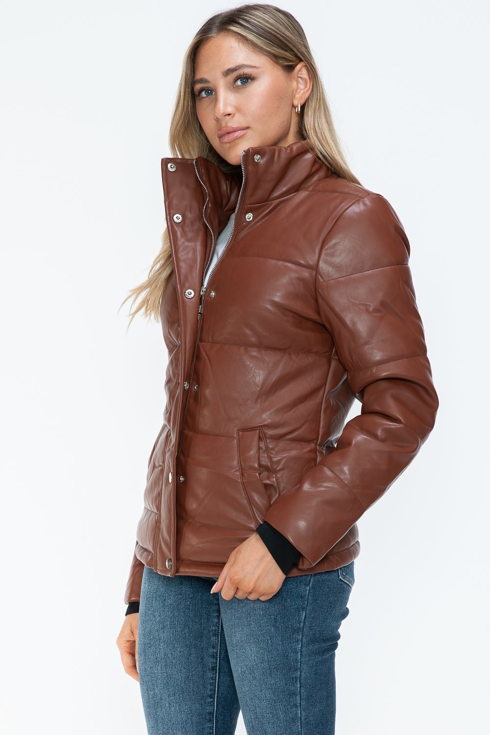 YMI - Vegan Leather High Collar Puffer Jacket in Brandy