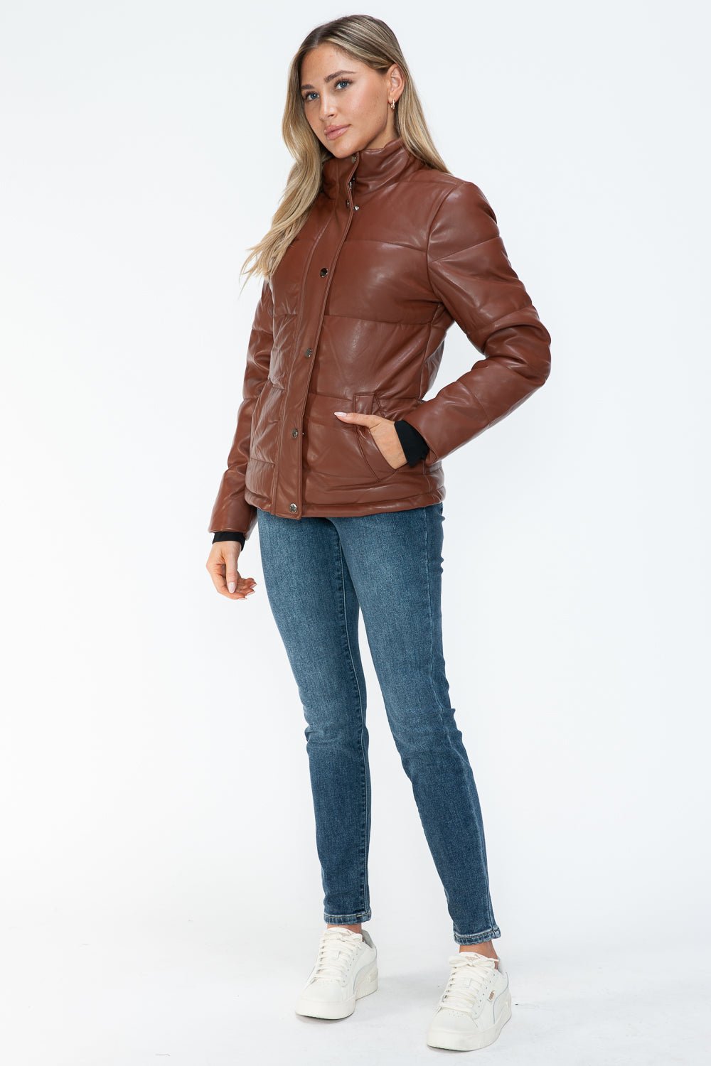 YMI - Vegan Leather High Collar Puffer Jacket in Brandy