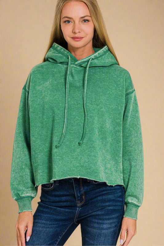 Zenana - Acid Wash Cropped Fleece Hoodie in Forest