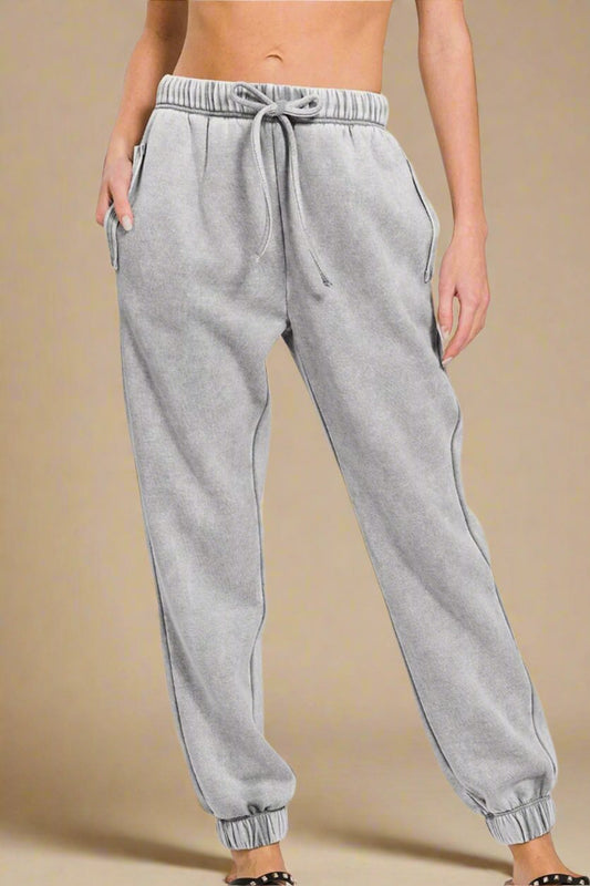 Zenana - Acid Wash Fleece Drawstring Sweatpants in Sleet