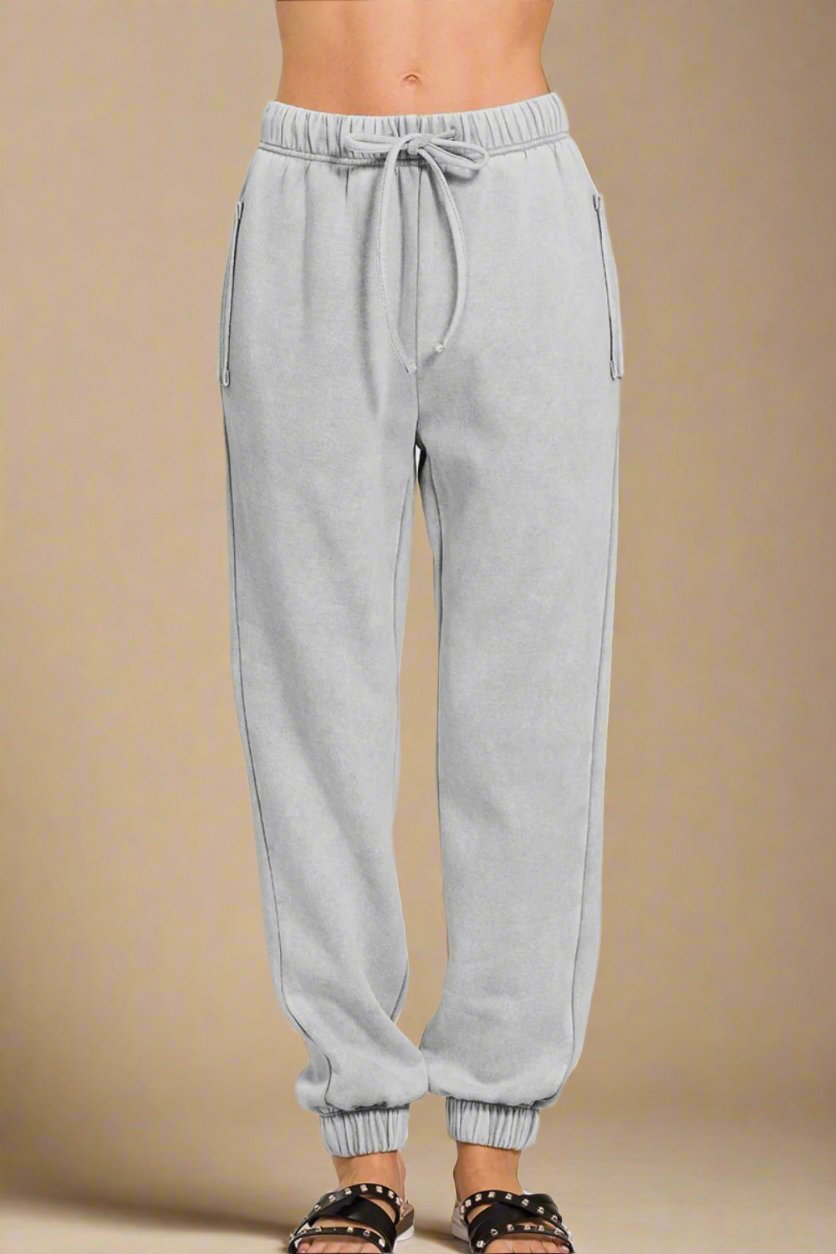 Zenana - Acid Wash Fleece Drawstring Sweatpants in Sleet