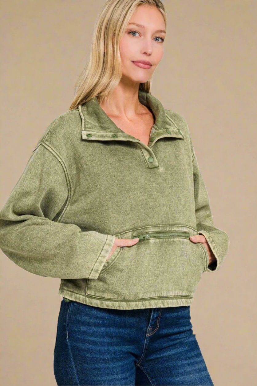 Zenana - Acid Wash Fleece Half Snap Sweatshirt in Light Olive