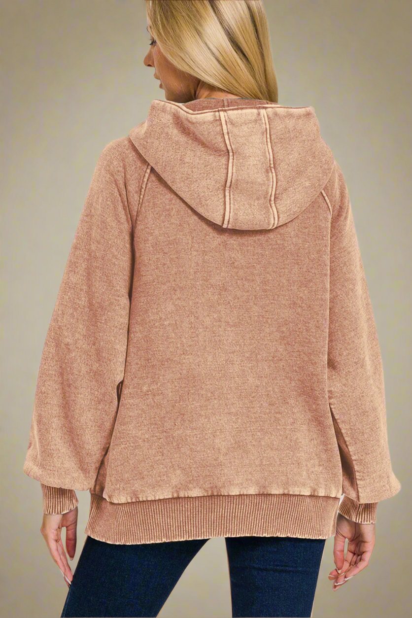 Zenana - Acid Wash Fleece Hoodie in Rust