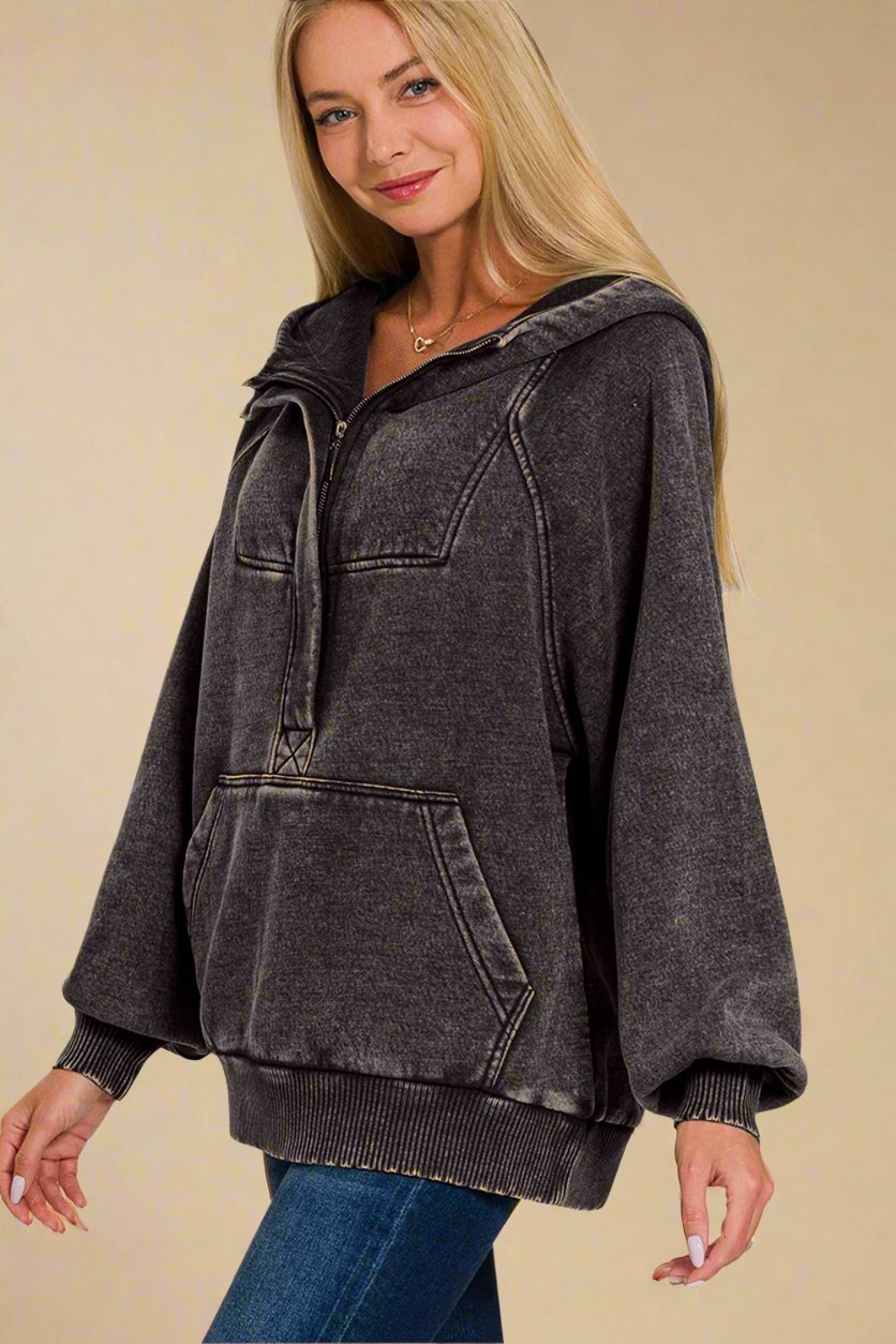 Zenana - Acid Wash Fleece Lined Hoodie in Ash Black